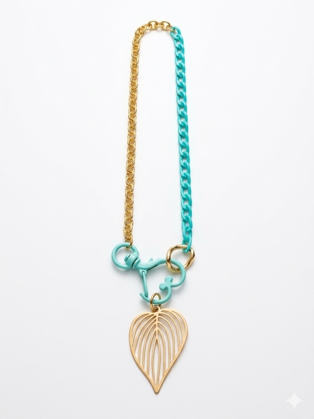 Gold Aluminum Leaf Pendant Necklace with Turquoise Chain